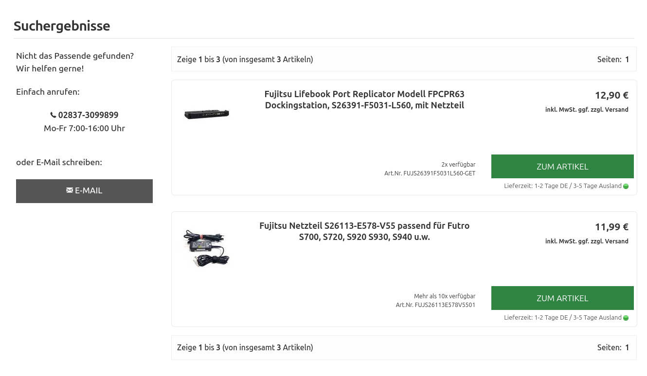 Screenshot des Suchergebnisses mit der Zahl 3, es werden aber nur zwei Artikel angezeigt