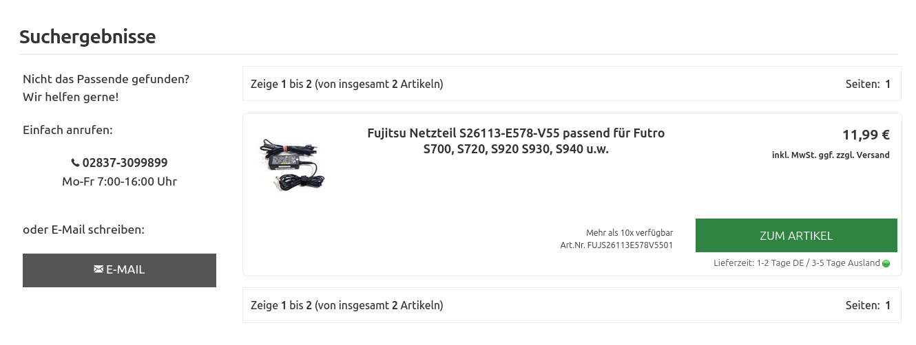 Screenshot des Suchergebnisses mit der Zahl 2, es wird aber nur ein Artikel angezeigt